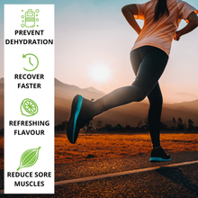 Load image into Gallery viewer, Person running on a road with a sunset background and health benefits text on the left.