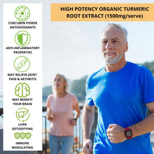 Load image into Gallery viewer, Man running with a woman in the background, featuring text about high potency organic turmeric root extract.