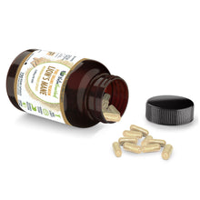 Load image into Gallery viewer, Open bottle of Lion's Mane supplement with capsules on a white background