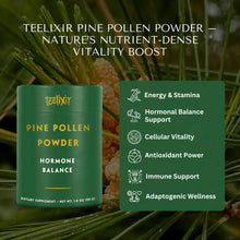 Load image into Gallery viewer, Teelixir Pine Pollen Powder container with product details and benefits on a green background.
