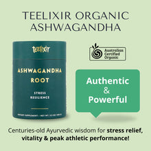 Load image into Gallery viewer, Teelixir Organic Ashwagandha supplement container on a light green background
