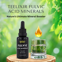 Load image into Gallery viewer, Teelixir Fulvic Acid Minerals bottle with a droplet and glass of water on a natural background
