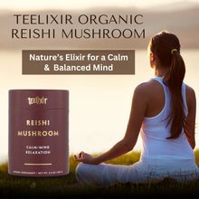 Load image into Gallery viewer, Teelixir Organic Reishi Mushroom supplement with a person meditating in nature
