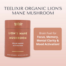 Load image into Gallery viewer, Teelixir Organic Lion&#39;s Mane Mushroom supplement container on a light pink background
