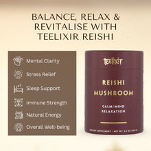 Load image into Gallery viewer, Teelixir Reishi mushroom supplement can with benefits listed on a beige background
