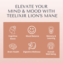 Load image into Gallery viewer, Promotional graphic for Teelixir Lion&#39;s Mane with health benefits on a beige background
