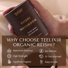 Load image into Gallery viewer, Hand holding a Teelixir Reishi Mushroom container with product features displayed.
