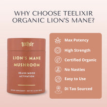 Load image into Gallery viewer, Teelixir Lion&#39;s Mane Mushroom supplement with features listed on a beige background
