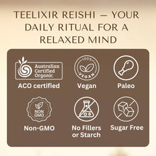 Load image into Gallery viewer, Teelixir Reishi product label with certification icons and text on a brown background
