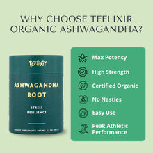 Load image into Gallery viewer, Teelixir Organic Ashwagandha supplement with features listed on a green background
