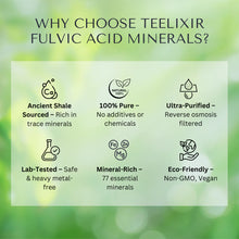 Load image into Gallery viewer, Promotional graphic for Teelixir Fulvic Acid Minerals with benefits listed.
