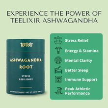 Load image into Gallery viewer, Teelixir Ashwagandha supplement container with benefits listed on a green background

