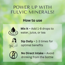 Load image into Gallery viewer, Instructions for using fulvic minerals with a green blurred background
