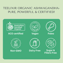 Load image into Gallery viewer, Teelixir Organic Ashwagandha product label with certification icons on a green background

