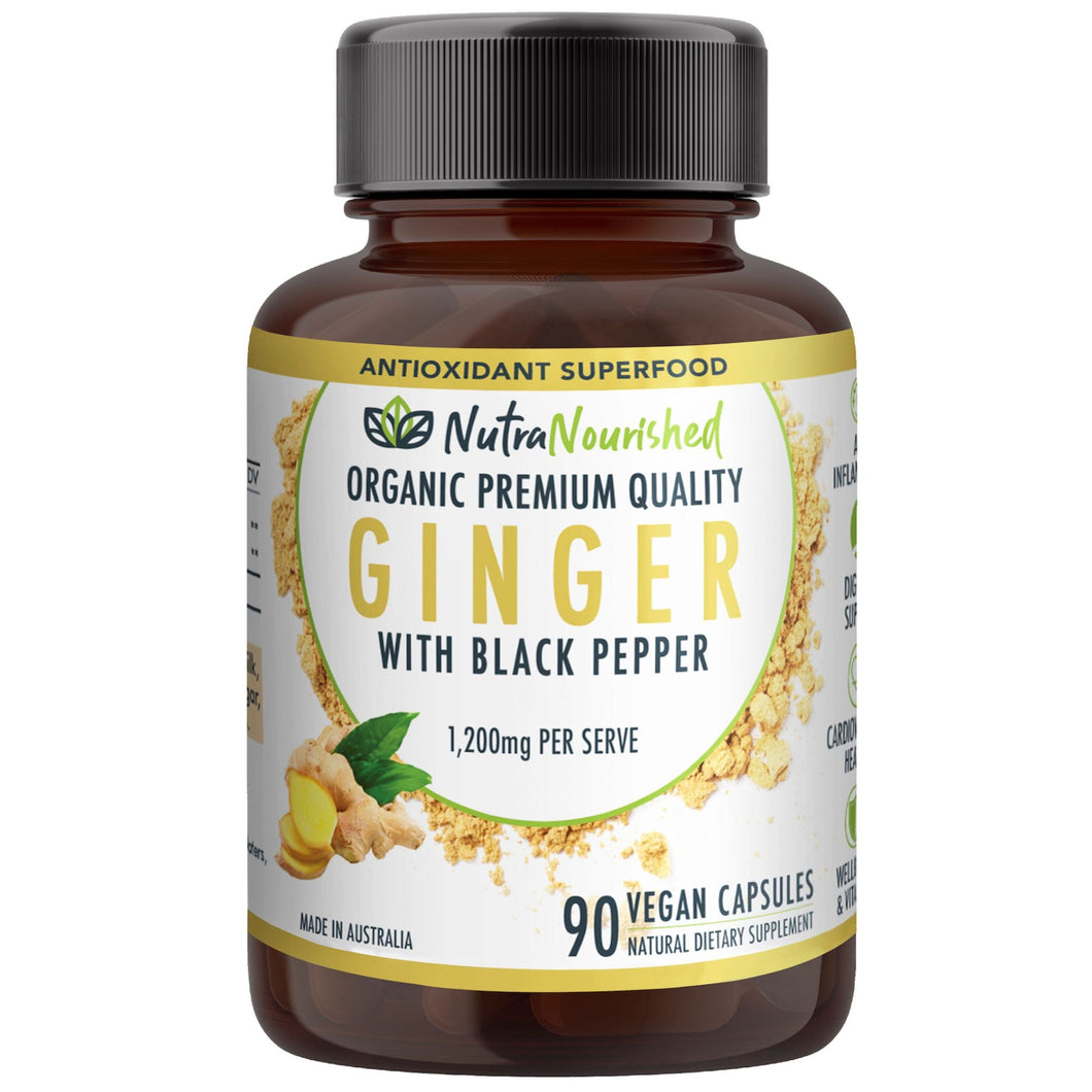Vitamin supplement bottle labeled 'Ginger with Black Pepper' by NutraNourished on a white background